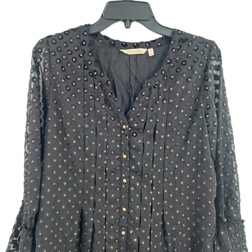 Soft Surroundings Black Boho Polka Dot Velvet Blouse Top Small
